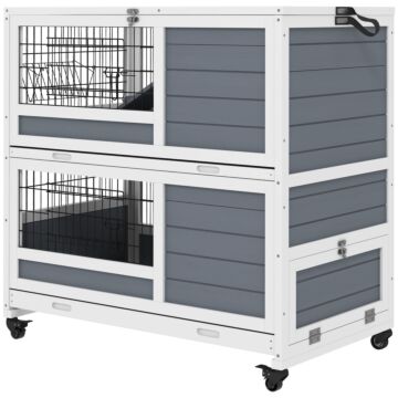 Pawhut Double Deckers Guinea Pig Cage Rabbit Hutch Indoor With Feeding Trough, Trays, Ramps, Openable Top - Grey