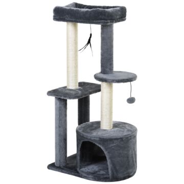 Pawhut 100cm Cat Tree For Indoor Cats, Multi-activity Cat Tower With Perch House Scratching Post Platform Play Ball Rest Relax, Grey And White