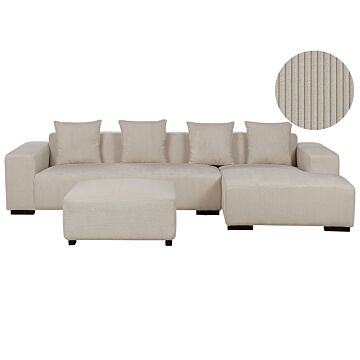 Left Hand Corner Sofa With Ottoman Beige Corduroy L-shaped 4 Seater Jumbo Cord With Throw Pillows Modern Design Beliani