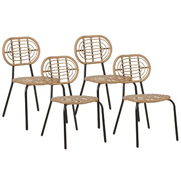 Set Of 4 Chairs Natural Pe Rattan Black Steel Frame Braided Backrest And Seat Boho Design Beliani
