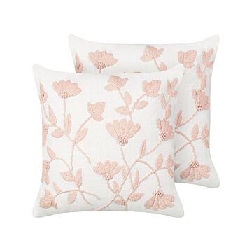 Set Of 2 Scatter Cushions White And Pink Cotton 45 X 45 Cm Handmade Throw Pillows Embroidered Floral Pattern Flower Motif Removable Cover Beliani