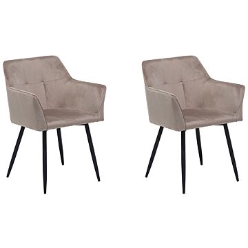 Set Of 2 Dining Chairs Taupe Beige Velvet Upholstered Seat With Armrests Black Metal Legs Beliani