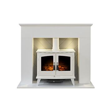 Adam Corinth Stove Fireplace In Pure White & Grey With Downlights & Woodhouse Electric Stove In Pure White, 48 Inch