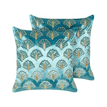 Set Of 2 Scatter Cushions Turquoise And Gold Velvet 45 X 45 Cm Square Handmade Throw Pillows Embroidered Seashell Pattern Removable Covers Beliani