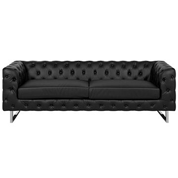 3 Seater Chesterfield Style Sofa Black Tuxedo Arms Buttoned Back Silver Legs Faux Leather Beliani