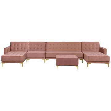 Corner Sofa Bed Pink Velvet Tufted Fabric Modern U-shaped Modular 6 Seater With Ottoman Chaise Lounges