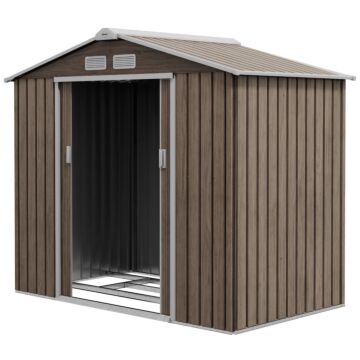 Outsunny 7 X 4ft Metal Garden Storage Shed With Vents, Floor Foundation And Lockable Double Doors, Brown