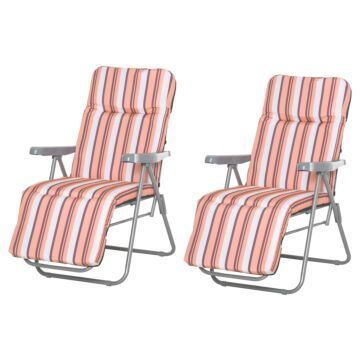 Outsunny Set Of 2 Garden Sun Lounger Outdoor Reclining Seat Cushioned Seat Foldable Adjustable Recliner Orange And White