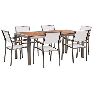 Garden Dining Set Light Eucalyptus Wood Top Steel Frame 180 X 90 Cm With 6 White Chairs Beliani