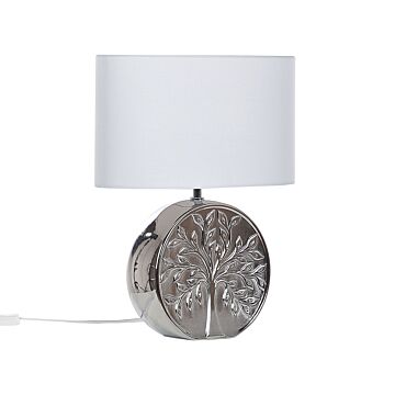 Table Lamp Silver Ceramic 49 Cm Glam Night Light Shade Tree Motif Glossy Bedroom Living Room Beliani