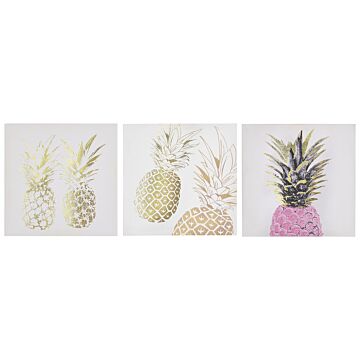 Set Of 3 Canvas Prints Gold And Pink 30 X 30 Cm Pineapple Wall Art Nylon Beliani
