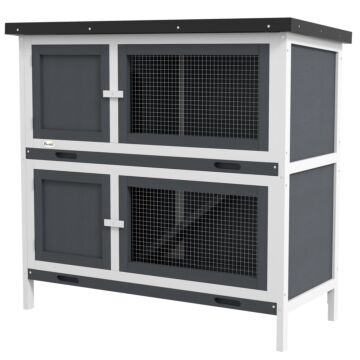 Pawhut Double Decker Rabbit Hutch 2 Tier Guinea Pig House Pet Cage Outdoor With Sliding-out Tray, 100x47x91cm, Grey