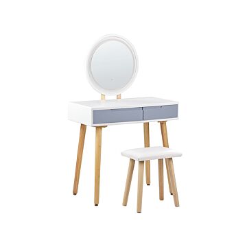 Dressing Table Set White Manufactured Wood Top Wooden Legs Round Led Mirror 2 Drawers Beliani