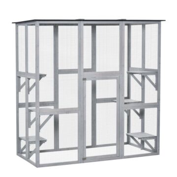 Pawhut Wooden Catio Cat Outdoor Enclosure, Cat Cage With Waterproof Roof, Platforms, For Multiple Kittens, 180 X 98 X 180 Cm