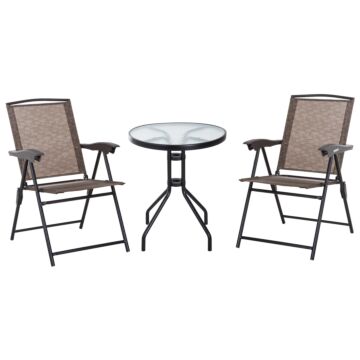 Outsunny 3 Piece Patio Furniture Garden Bistro Set Outdoor 2 Folding Chairs 1 Tempered Glass Table Adjustable Backrest Metal - Brown