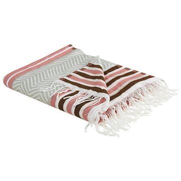 Blanket Pink And Beige Acrylic And Polyester 130 X 170 Cm Bed Throw Geometric Pattern Fringes Bedroom Living Room Beliani
