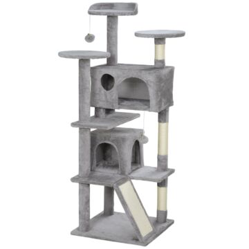 Pawhut 138cm Cat Tree, Multi-level Cat Tower With Scratching Posts And Pad, Bed, Condos, Platforms, Toy Balls, Light Grey