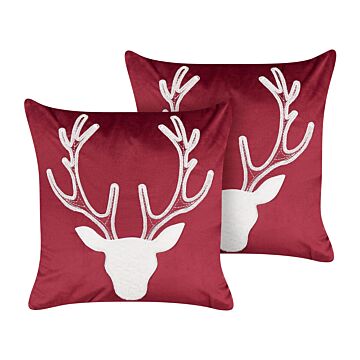 Set Of 2 Scatter Cushions Red Velvet 45 X 45 Cm Reindeer Motif Christmas Accessories Festive Decor Beliani
