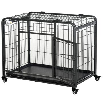 Pawhut Metal Dog Cage Kennel Locking Door & Wheels Removable Tray Openable Top For Medium Pets 94 X 58 X 69.5 Cm