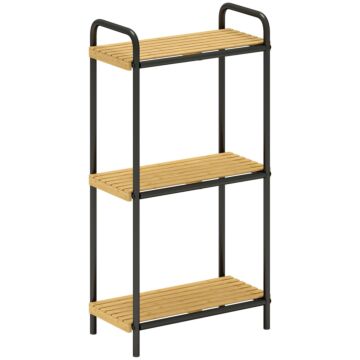 Homcom 3-tier Bamboo Bathroom Storage Shelf, Freestanding Narrow Shelving Unit With Slatted Shelves For Kitchen Bathroom Living Room, 41.5 X 21.5 X 77.5 Cm, Natural And Black