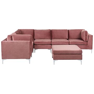 Right Hand Modular Corner Sofa Pink Velvet 6 Seater With Ottoman L-shaped Silver Metal Legs Glamour Style Beliani