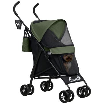 Pawhut Umbrella Structure Dog Stroller, Lightweight & Portable Dog Pram W/ Shoulder Strap, Storage Bag & Cup Holder, Dark Green