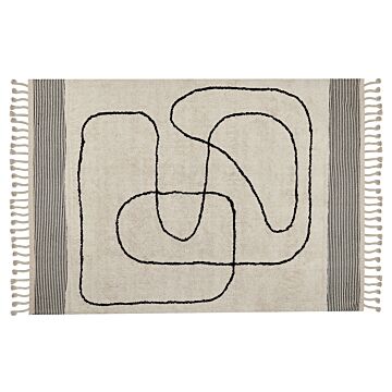 Cotton Rug Beige And Black 140 X 200 Cm Abstract Pattern Tassels Low Pile Modern Beliani