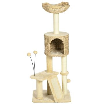 Pawhut Cat Tree Tower With Scratching Post, Cat House, Bed, Toy Ball, Platform - Beige