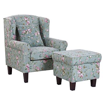 Armchair With Footstool Green Floral Pattern Fabric Wooden Legs Wingback Style Beliani