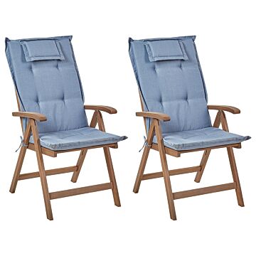 Set Of 2 Garden Chair Dark Acacia Wood Natural With Blue Cushions Adjustable Foldable Outdoor With Armrests Country Rustic Style Beliani