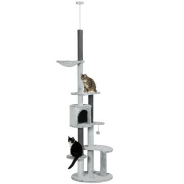 Pawhut 255cm Floor To Ceiling Cat Tree With Scratching Posts, Height Adjustable Cat Tower With Hammock, House, Anti-tipping Kit, Perches, Toys, Grey