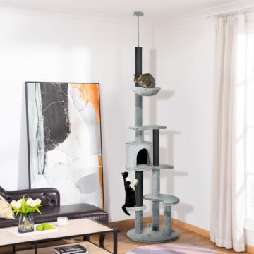 Pawhut 255cm Floor To Ceiling Cat Tree With Scratching Posts, Height Adjustable Cat Tower With Hammock, House, Anti-tipping Kit, Perches, Toys, Grey