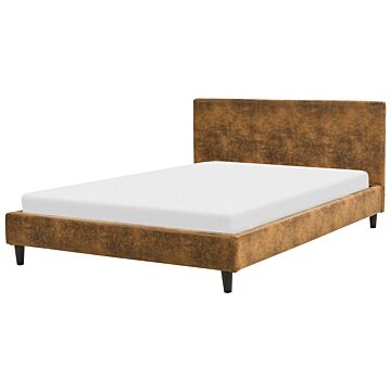Eu Double Size Panel Bed 4ft6 Brown Faux Suede Slatted Frame Contemporary Beliani