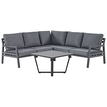 Outdoor Corner Sofa Set Dark Grey Aluminium Black With Coffee Table Polyester Cushions 5 Seater Modular Beliani