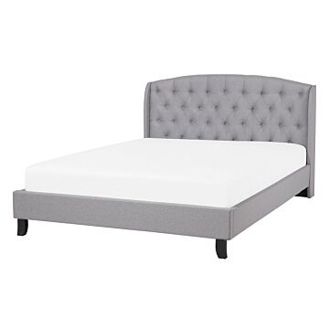 Slatted Bed Frame Grey Polyester Fabric Upholstered Tufted Headrest 4ft6 Eu Double Size Modern Design Beliani