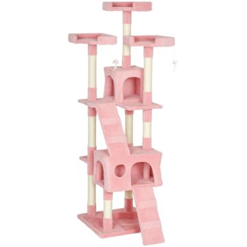 Pawhut 173cm Cat Tree Scratching House, Activity Play Centre, Pink
