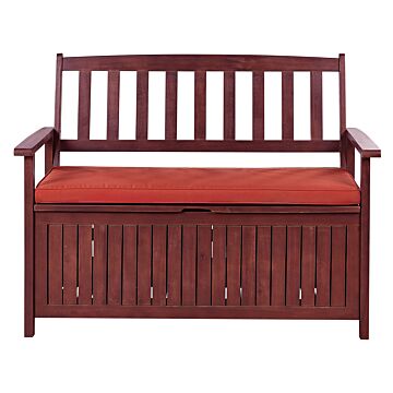 Garden Bench With Storage Mahogany Brown Solid Acacia Wood Red Cushion 120 X 60 Cm 2 Seater Outdoor Patio Rustic Traditional Style Beliani