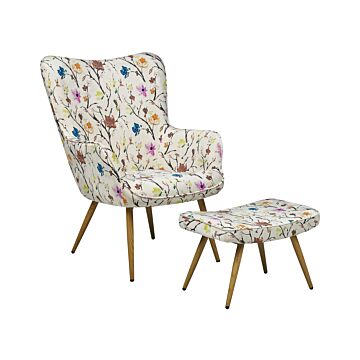 Wingback Chair With Ottoman Cream Fabric Buttoned Floral Pattern Retro Style Beliani