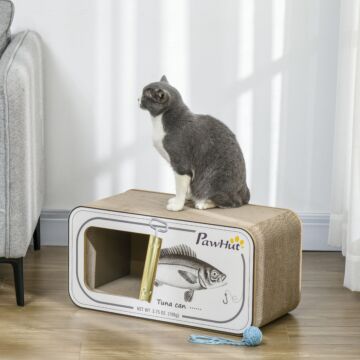 Pawhut 2 In 1 Cat Scratching Board, Cardboard Cat House With Catnip, Canned Tuna Design