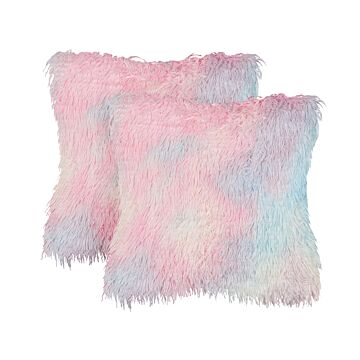 Set Of 2 Scatter Cushions Multicolour Polyester Fabric 45 X 45 Cm Shaggy Pillows For Kids Beliani