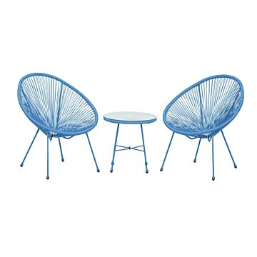 Monaco Blue 3pc Egg Chair Set With Screw In Legs And 50cm Diameter Glass Top Table