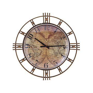 Wall Clock Gold Distressed Iron Frame Vintage Design Geographic Inspired Pattern 63 Cm Beliani