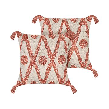 Set Of 2 Decorative Pillows Beige And Orange Cotton 45 X 45 Cm Geometric Pattern Boho Design Throw Cushions Beliani