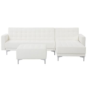 Corner Sofa Bed White Faux Leather Tufted Modern L-shaped Modular 4 Seater With Ottoman Left Hand Chaise Longue