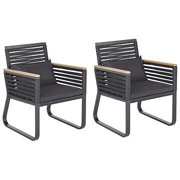 Set Of 2 Garden Dining Chairs Black Metal Frame With Cushions Rope Design