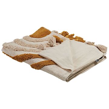 Blanket Beige And Orange Cotton 130 X 180 Cm Handmade Embrioidery Bed Throw Cosy Geometricpattern With Tassels Beliani