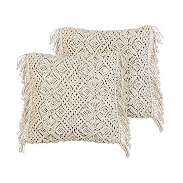 Decorative Cushion Set Of 2 Beige Cotton Macramé 45 X 45 Cm With Tassels Rope Boho Retro Decor Accessories Beliani