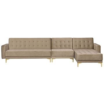 Corner Sofa Bed Beige Velvet Tufted Fabric Modern L-shaped Modular 5 Seater Left Hand Chaise Longue Beliani
