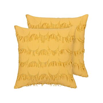 Decorative Cushion Yellow Fabric 45 X 45 Cm With Tassels Boho Retro Decor Accessories Beliani