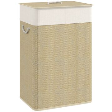 Homcom Bamboo Laundry Basket With Lid, 72l Laundry Hamper With Rope Handles, Washing Basket With Removable Washable Liner Bag For Bathroom, Bedroom, Nature Wood Finish